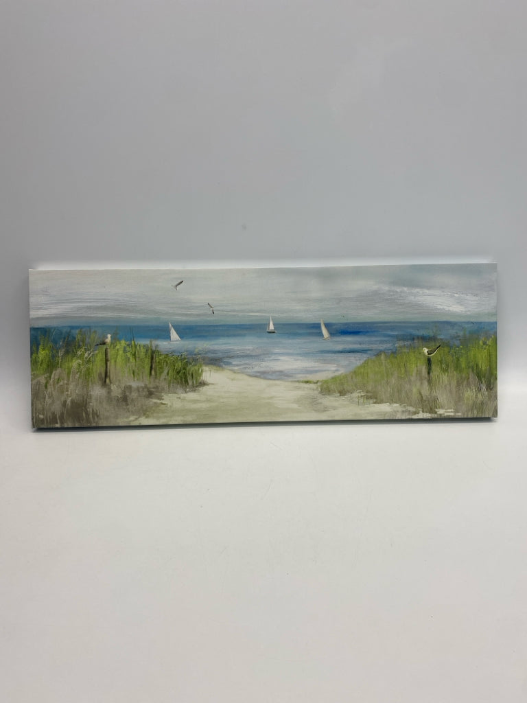 Blue/Cream Green Beach Scene Canvas Art