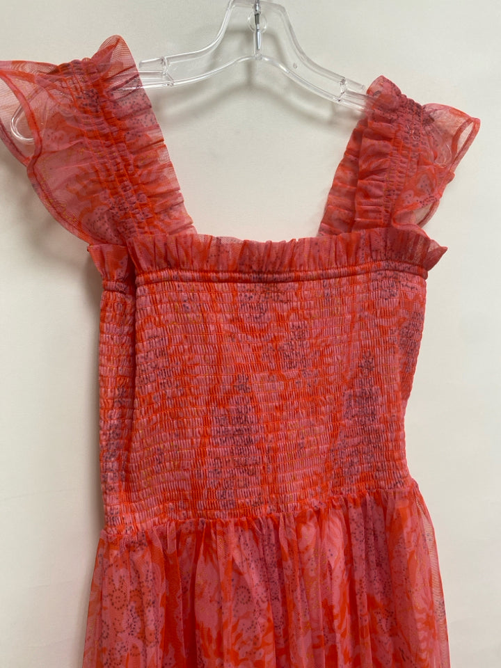 MELLODAY Size S Pink Orange Smocking Maxi Mesh Ladies Dress