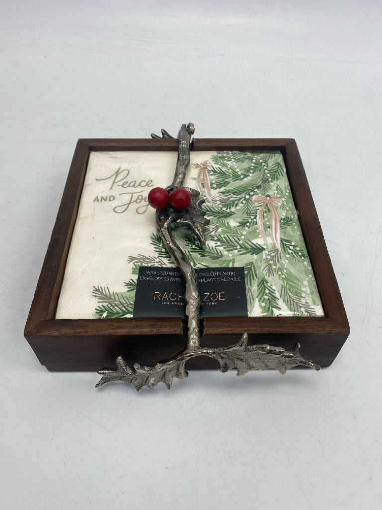 NEW RACHEL ZOE Brown Silver Holly Berries Wood/Metal Christmas