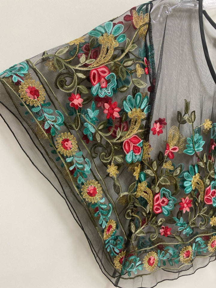 NWT RACHEL ZOE Size OSFM Black Multi Color Embroidered Sheer Ladies Top