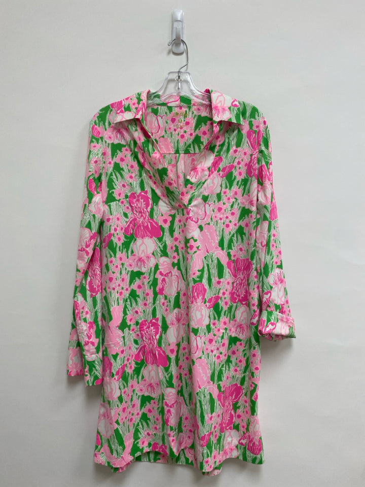 LILLY PULITZER Size M Green White/Pink Flowers V Neck Ladies Dress