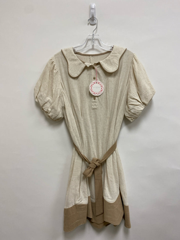 NWT Umgee Size S Cream Beige Trimmed Puff Sleeve Linen Blend Ladies Dress