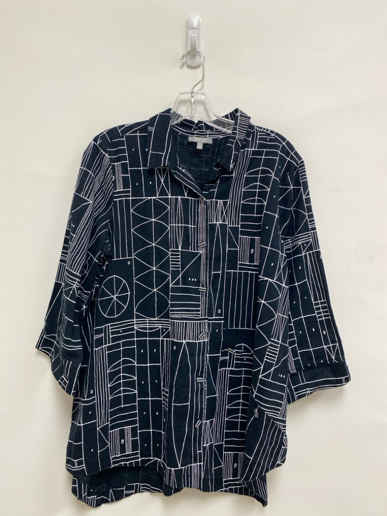 HabitaT Size M Black White Geometric Linen Blend Ladies Top