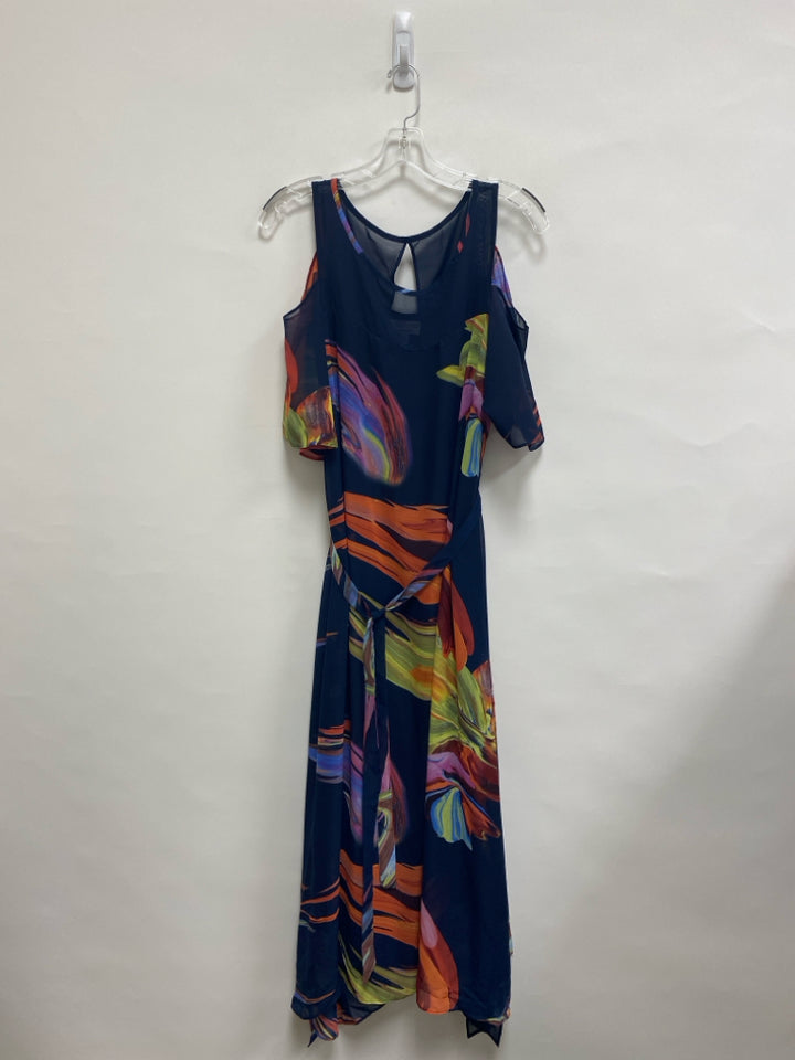 ROBBIE BEE Size 10 Navy Green/Orange Cold Shoulder Ladies Dress