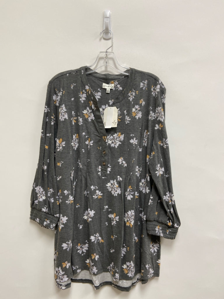 NWT wonderly Size XL Charcoal Gray/Orange Floral Puff Sleeve Ladies Top