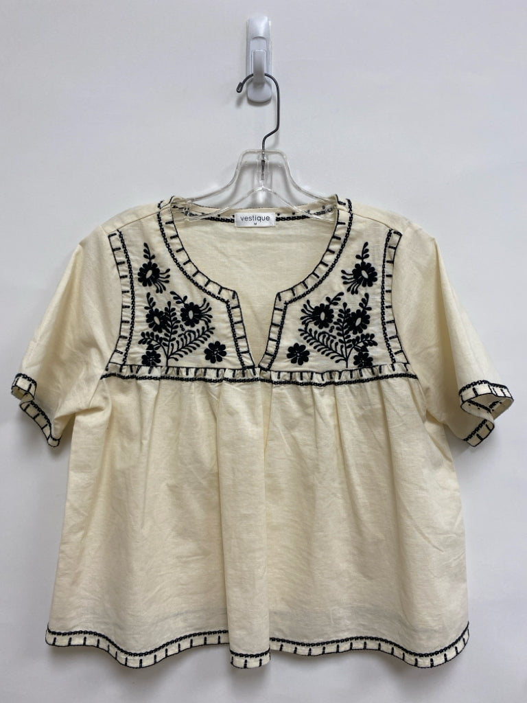 vestique Size M Cream Black Embroidered V Neck Ladies Top