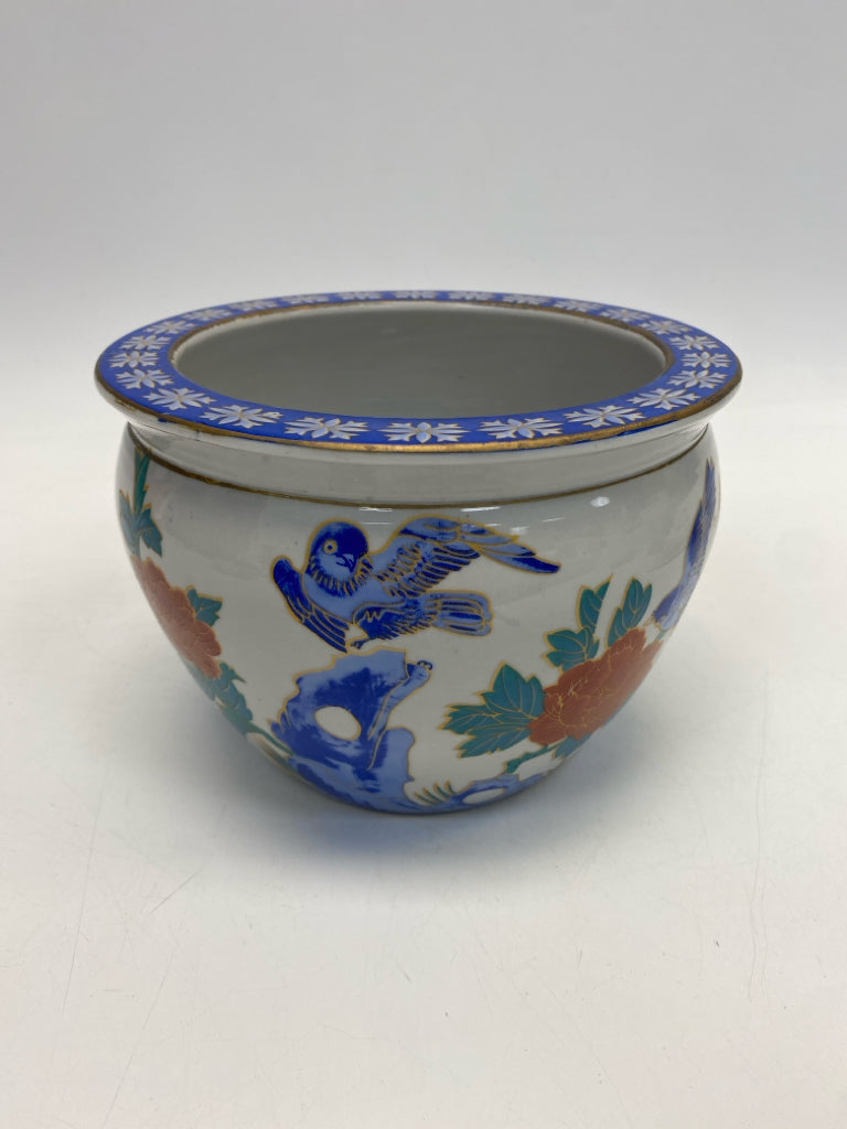 Blue/White Coral/Green Birds/Flowers Ceramic Planter
