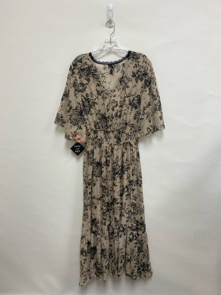 NWT  SIZE  18W Beige/Blk Flowers Maxi Sheer Plus Size Dress