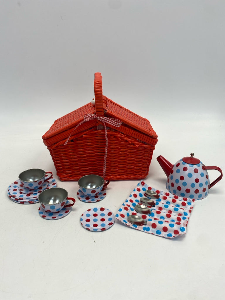 Coral Red/Blue Basketweave Metal Tea Set