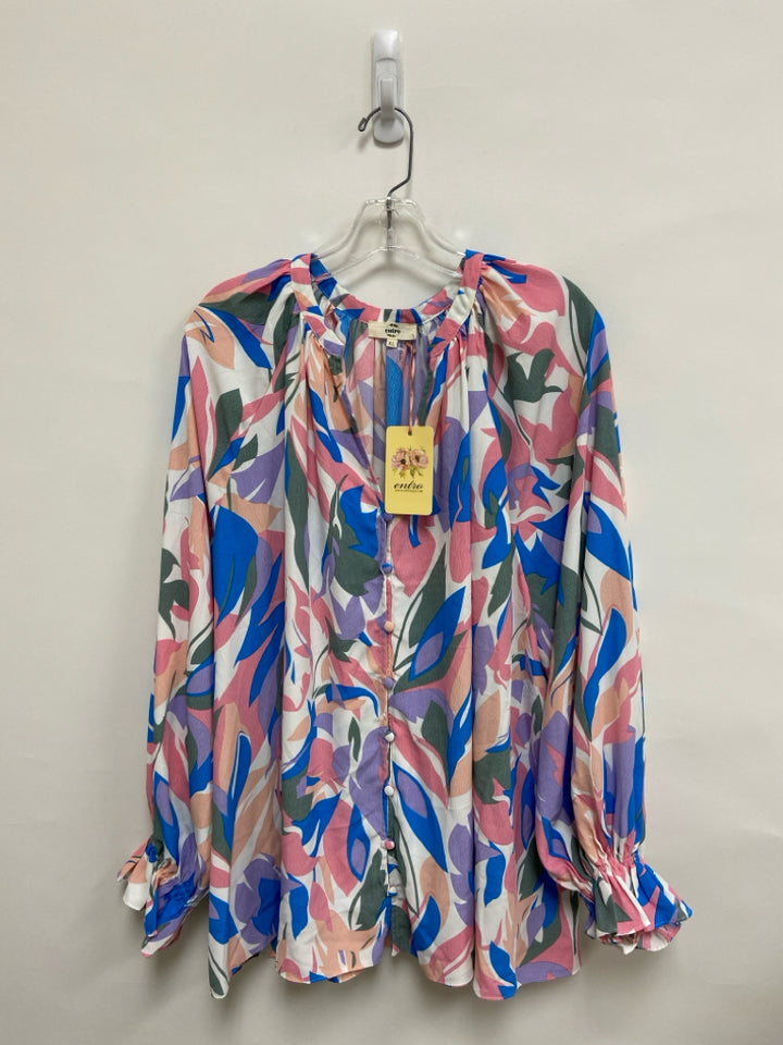 NWT entro Size XL White/Pink Blue/Gray Abstract Puff Sleeve Ladies Top