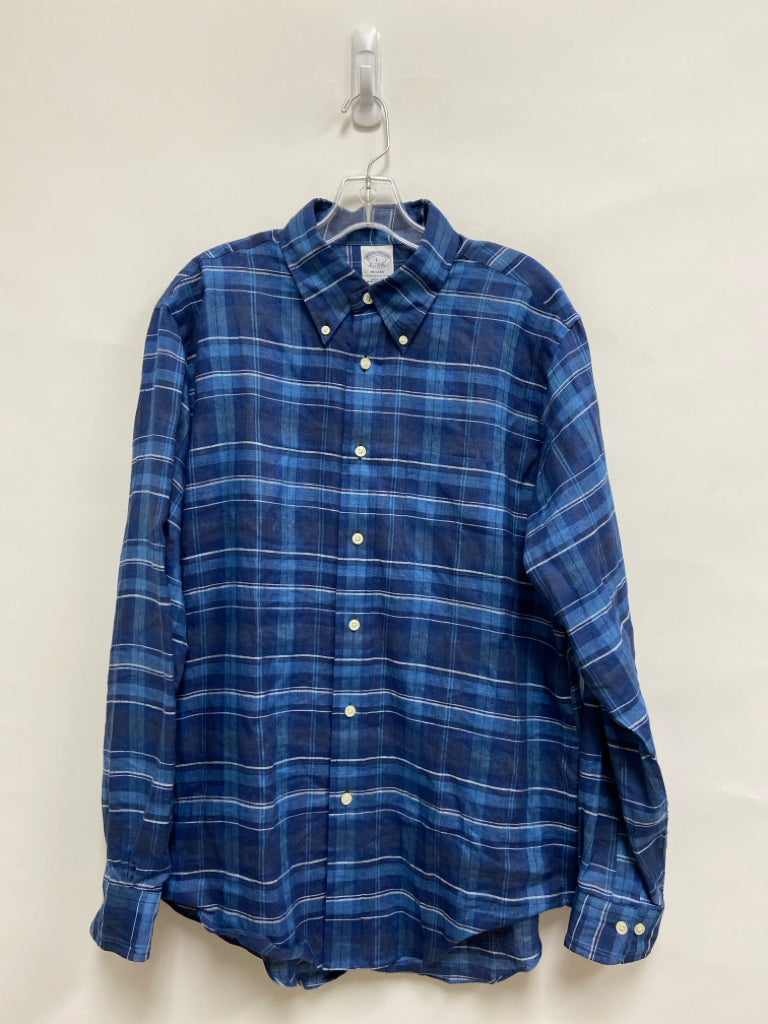 Brooks Brothers Size L Navy/Blue White Plaid Linen Men&