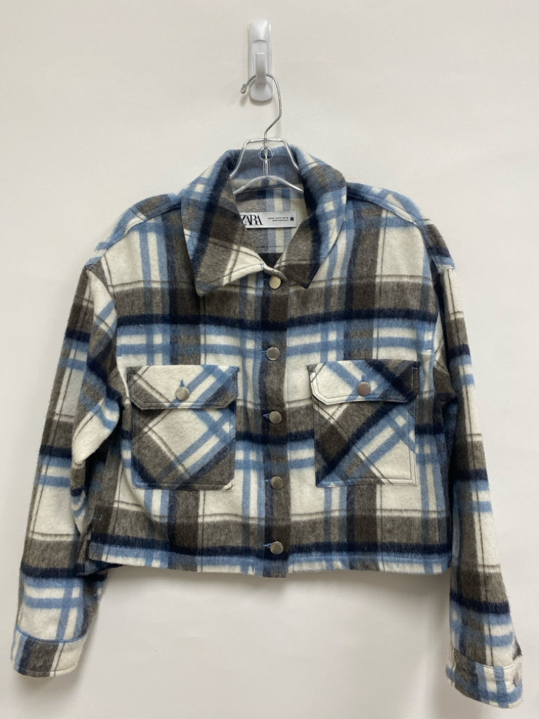 Zara Size XS Cream/Brown Blue Plaid Cropped Ladies Jacket