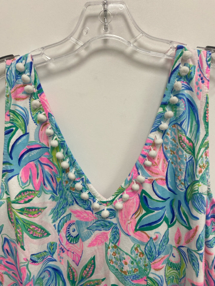 LILLY PULITZER Size L Aqua Pink/Green Tropical Sleeveless Ladies Dress