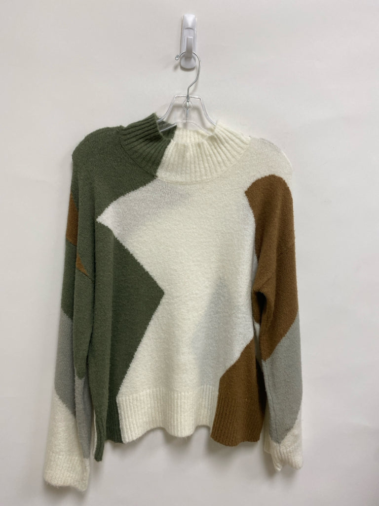 Gilli Size S Cream/Brown Sage/Gray Color Block Mock Neck Ladies Sweater