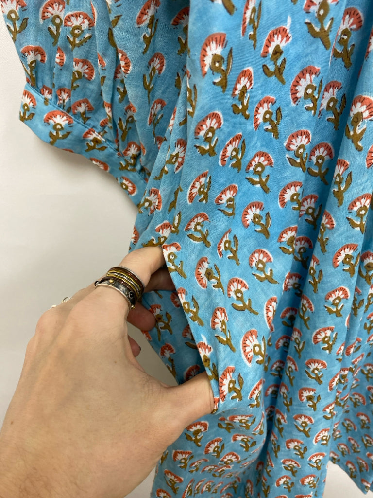 NWT GiGiO Size L Blue/Cream Coral/Brown Flowers Puff Sleeve Ladies Dress