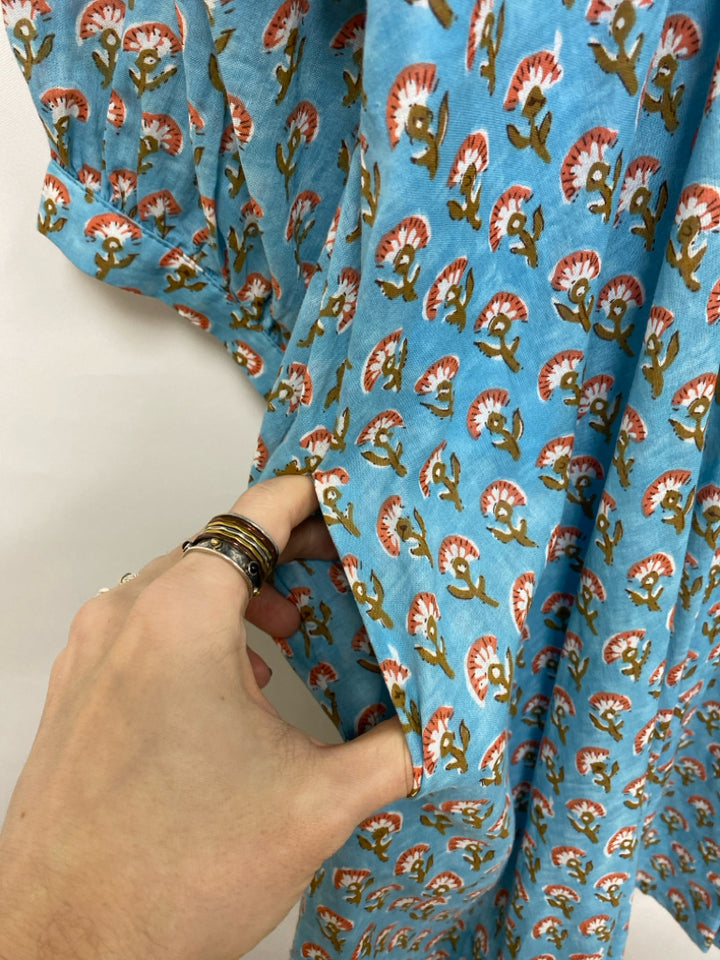NWT GiGiO Size L Blue/Cream Coral/Brown Flowers Puff Sleeve Ladies Dress