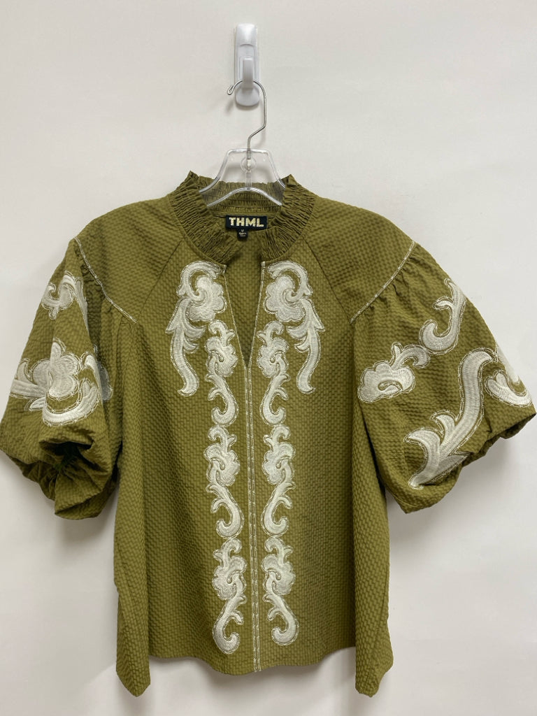 THML Size M Olive Green Cream Embroidered Puff Sleeve Ladies Top