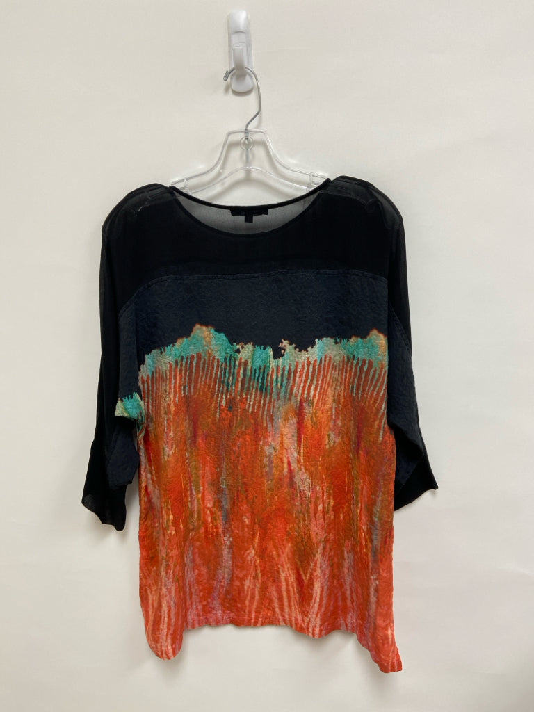 Size S Black Aqua/Orange Abstract Silk Ladies Top