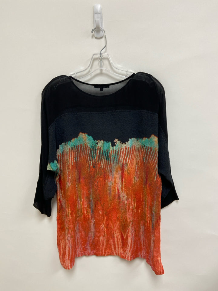 Size S Black Aqua/Orange Abstract Silk Ladies Top