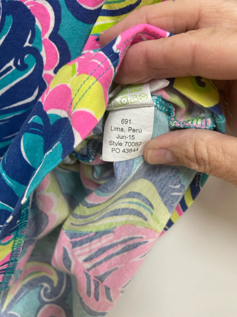 LILLY PULITZER Size XL Turquoise Pink/Green Tropical V Neck Ladies Top