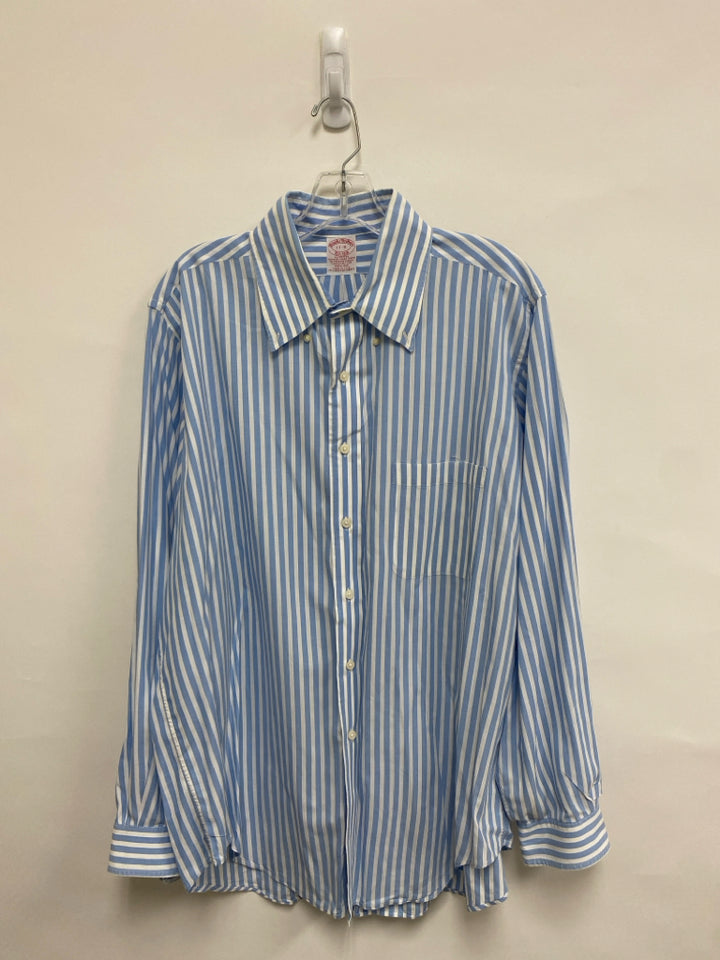 Brooks Brothers Size 17 Blue White Striped Button Up Men&