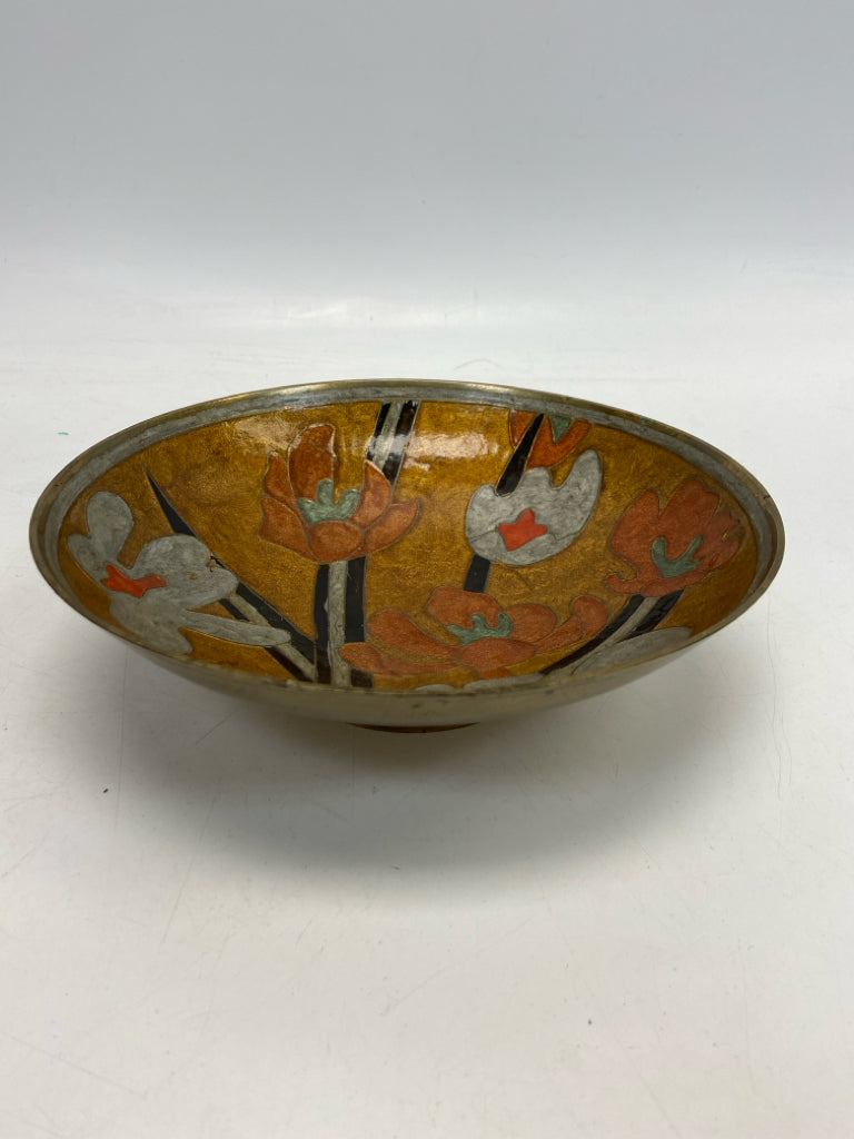 Gold Orange/Gray Flowers Metal Decorative Bowl