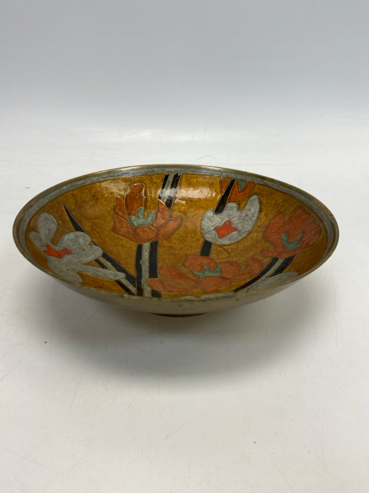 Gold Orange/Gray Flowers Metal Decorative Bowl