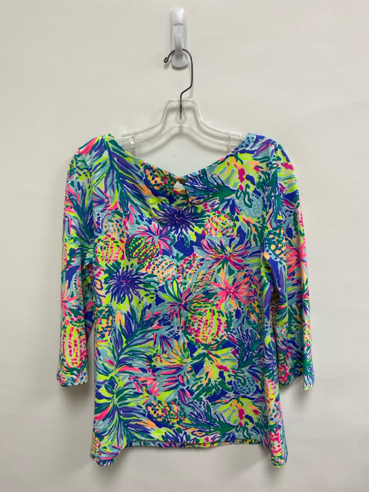 LILLY PULITZER Size L White/Peach Purple/Multi Pineapples 3/4 Sleeve Ladies Top