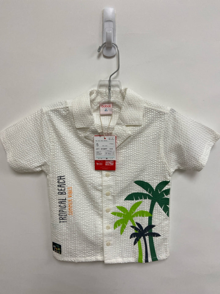 NWT SIZE 5 White Green Palm Tree Button Up Boy&