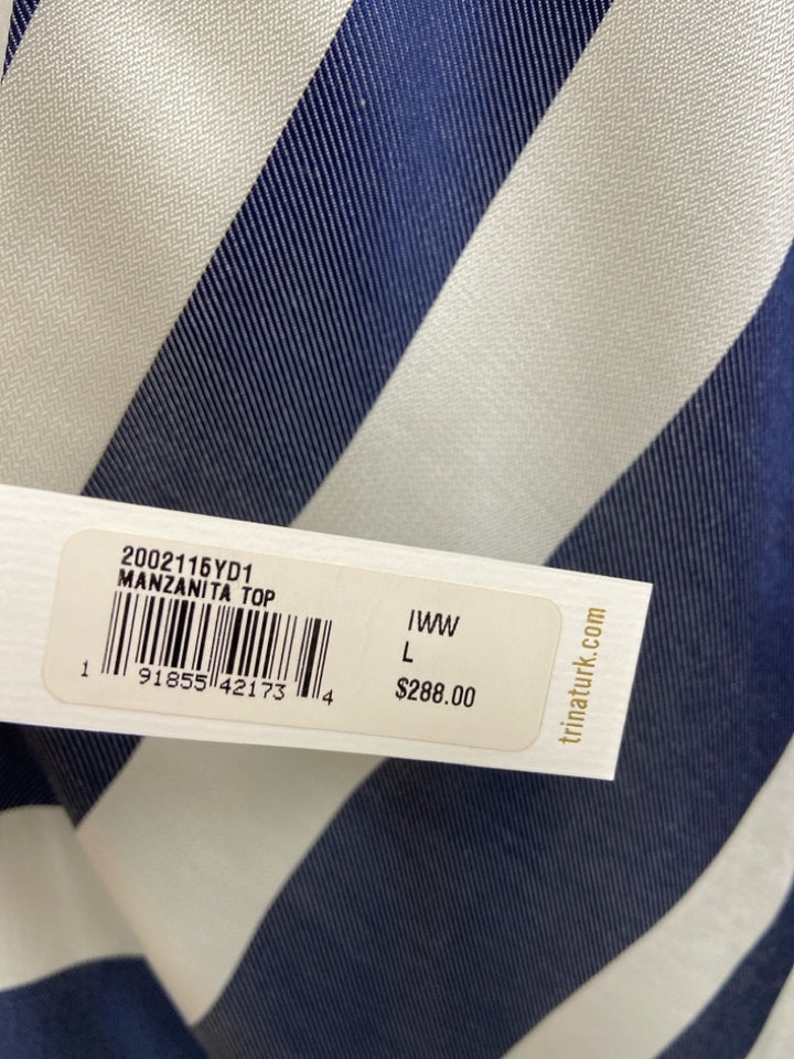 NWT Trina Turk Size L White/Navy Stripes Puff Sleeve Ladies Top