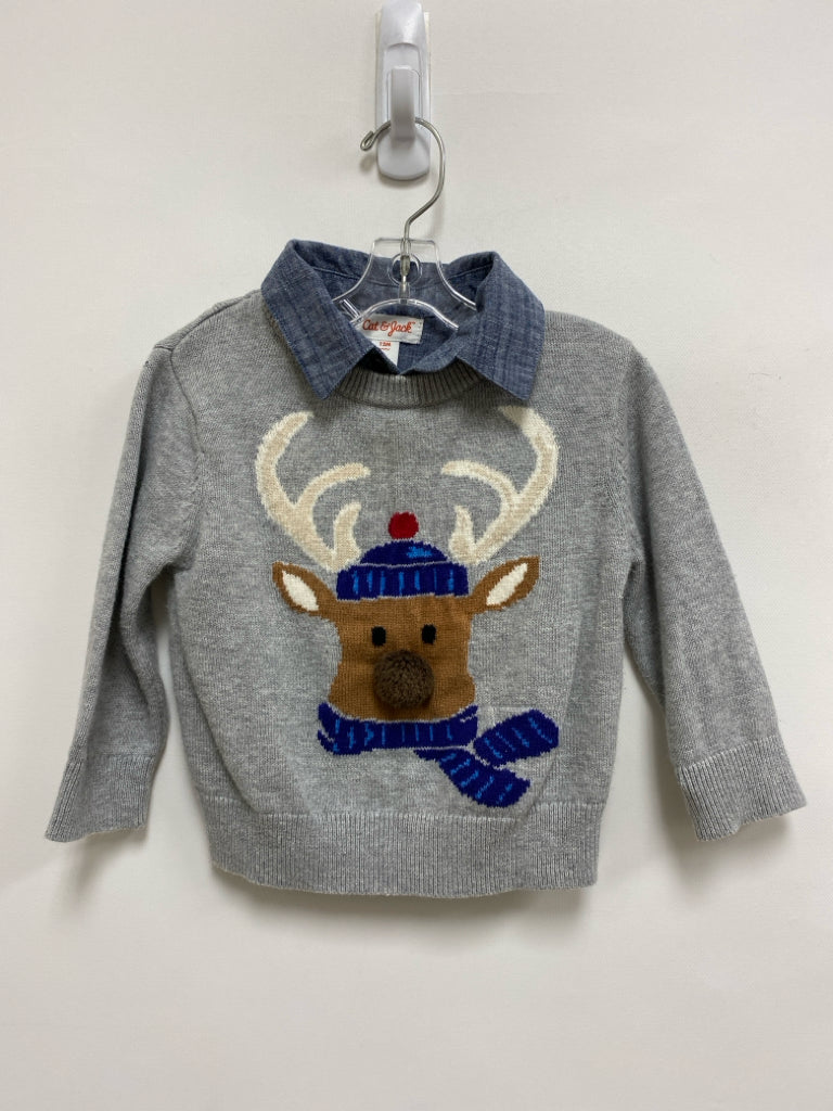 Cat &amp; Jack SIZE 12M Gray Cream/Brown Reindeer Overlay Boy&