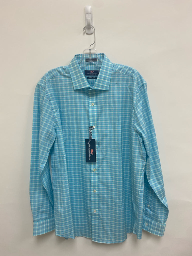 NWT Vineyard Vines Size L Aqua White Checkered Button Up Men&