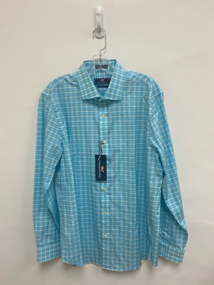 NWT Vineyard Vines Size L Aqua White Checkered Button Up Men&