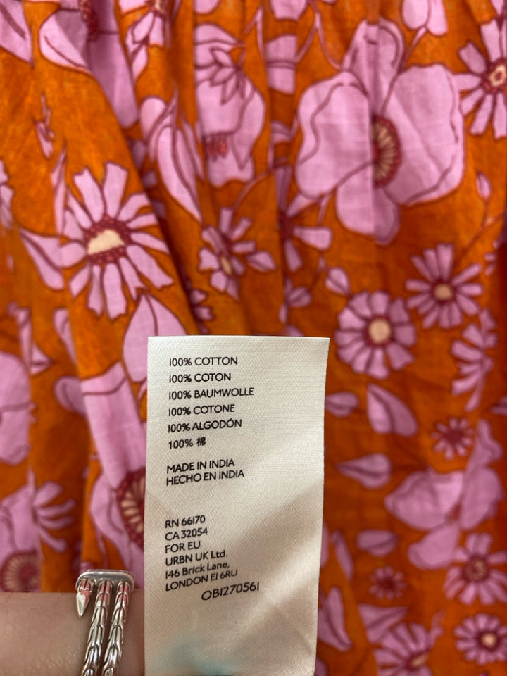 Free People Size M Orange Pink Flowers Puff Sleeve Ladies Top