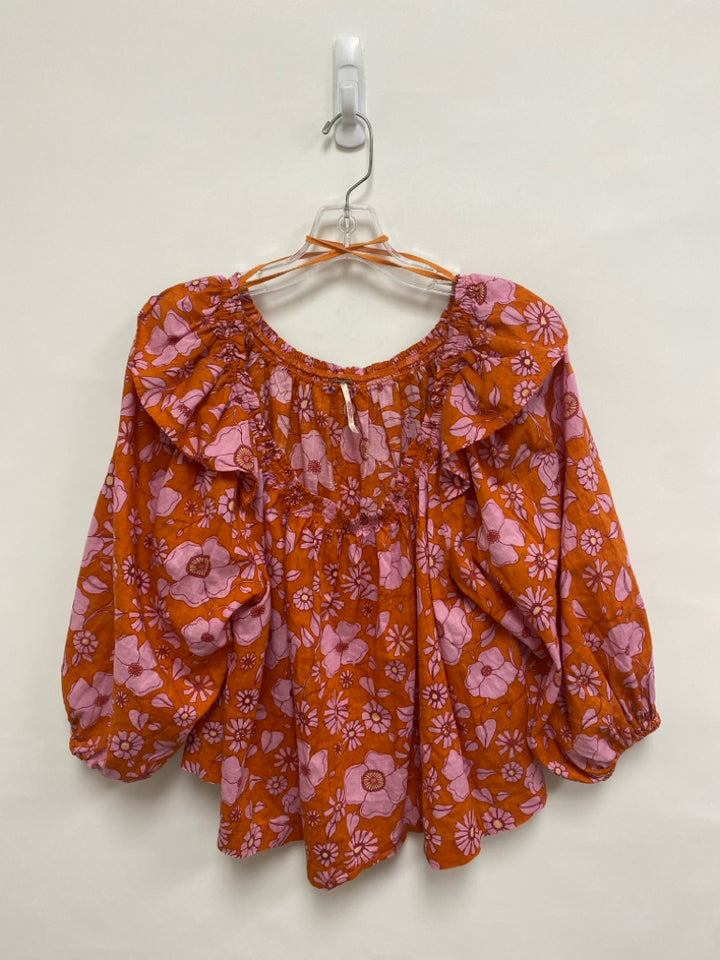 Free People Size M Orange Pink Flowers Puff Sleeve Ladies Top