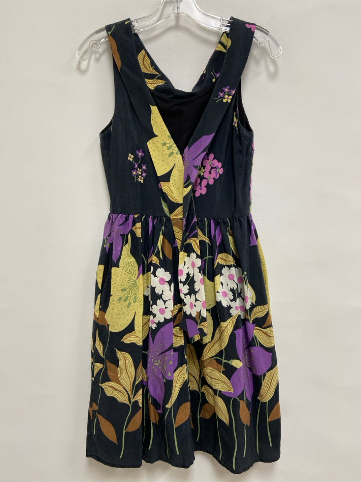 Corey Lynn Calter Size 4 Black Lavender/Yellow Floral Sleeveless Ladies Dress