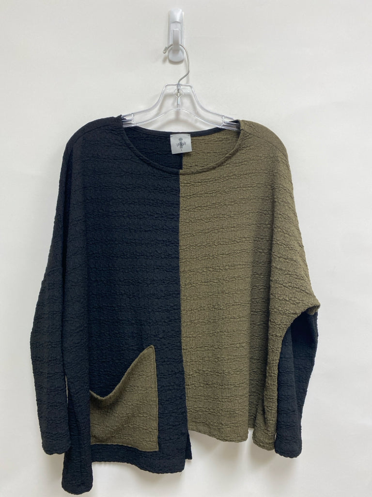 Inoah Size L Olive Green Black Color Block Ladies Top
