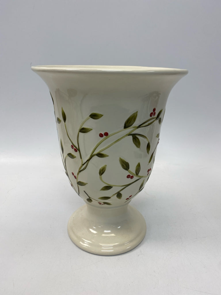Cream Green/Red Berries Ceramic Vase