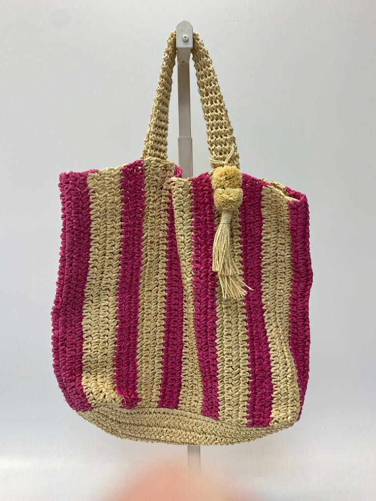 Mark &amp; Graham Natural Fuchsia Stripe(s) Straw Tote Bag