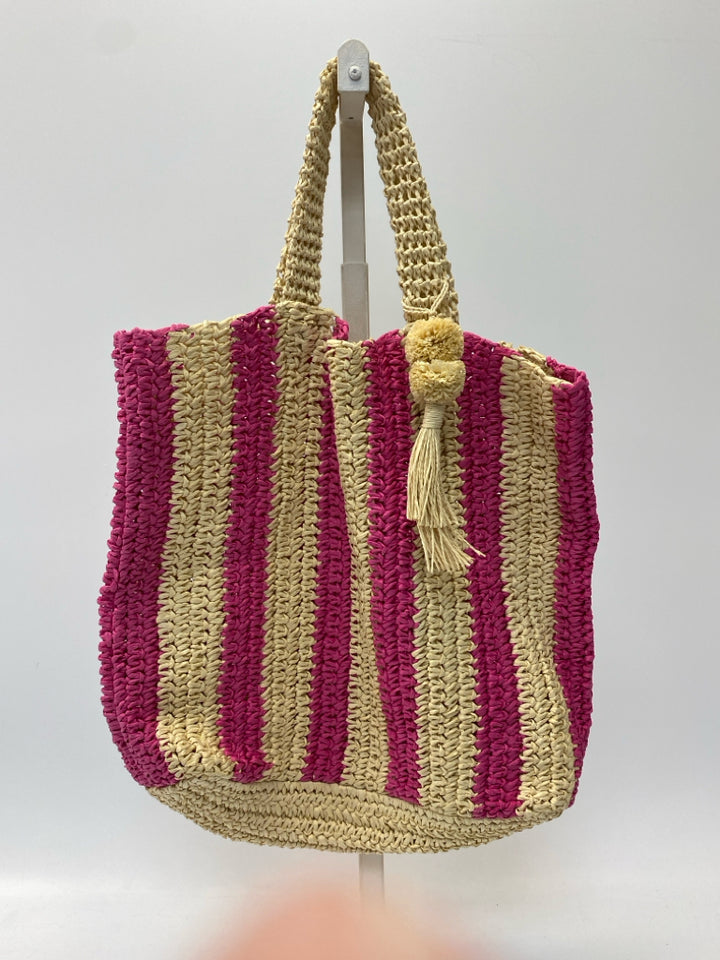 Mark &amp; Graham Natural Fuchsia Stripe(s) Straw Tote Bag