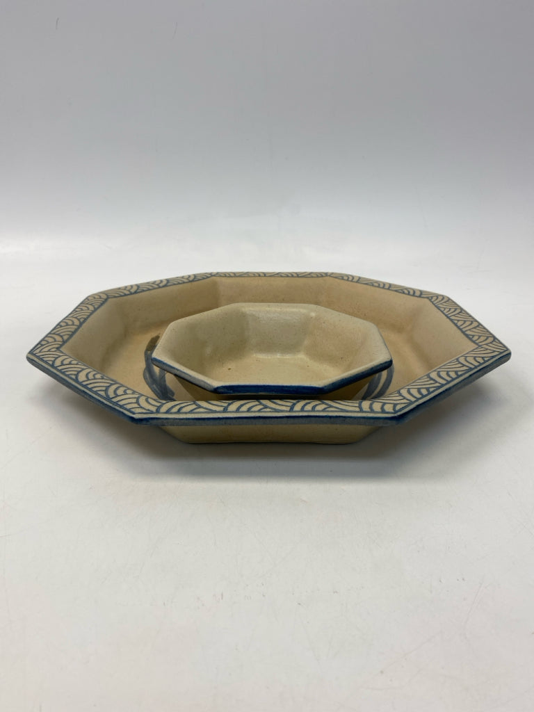 Tan Blue Pottery Chip n Dip