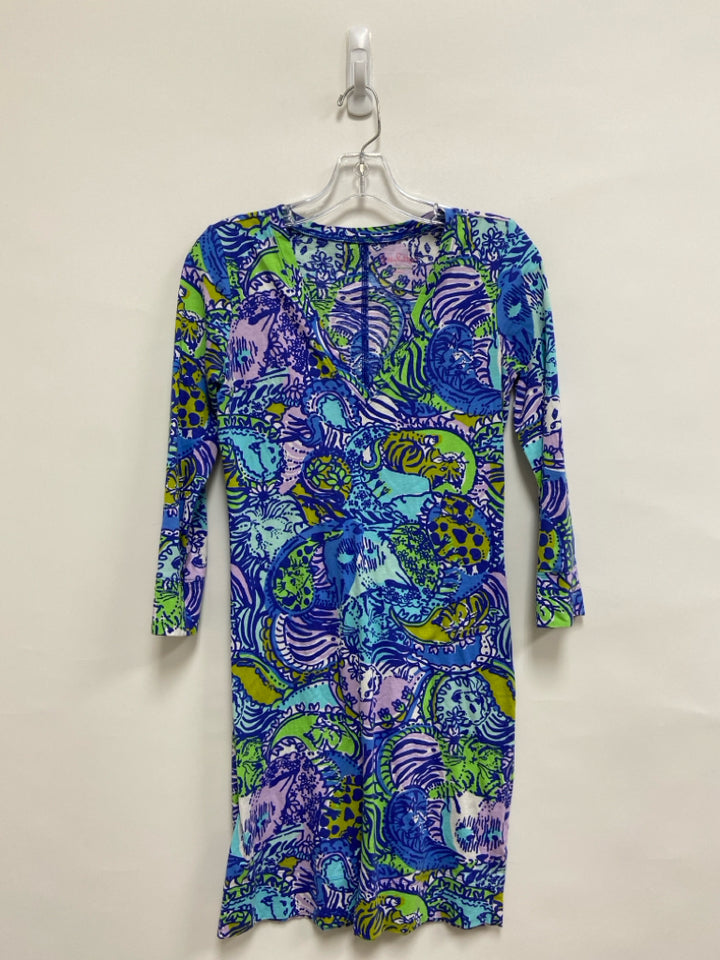 LILLY PULITZER Size XS Aqua/Blue Green/Lavender V Neck Ladies Dress