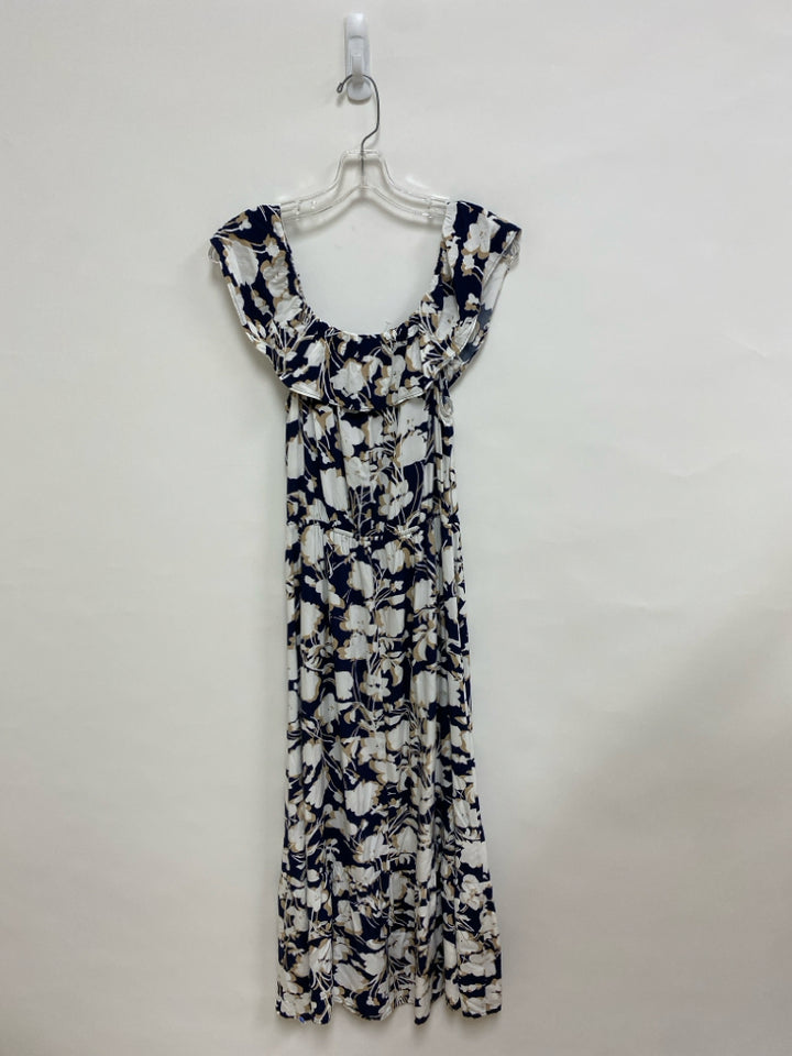 NWT LOFT Size MP Navy White/Tan Flowers Sleeveless Petite Dress