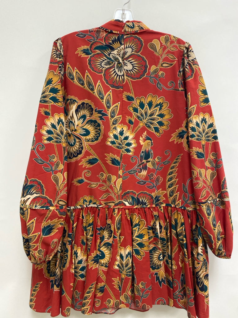 farmrio Size M Terra Cotta Navy/Gold Floral Puff Sleeve Ladies Dress