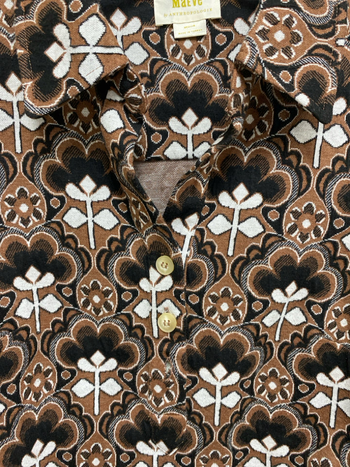 Maeve Size M Brown Black/White Floral Long Sleeve Polyester Ladies Dress