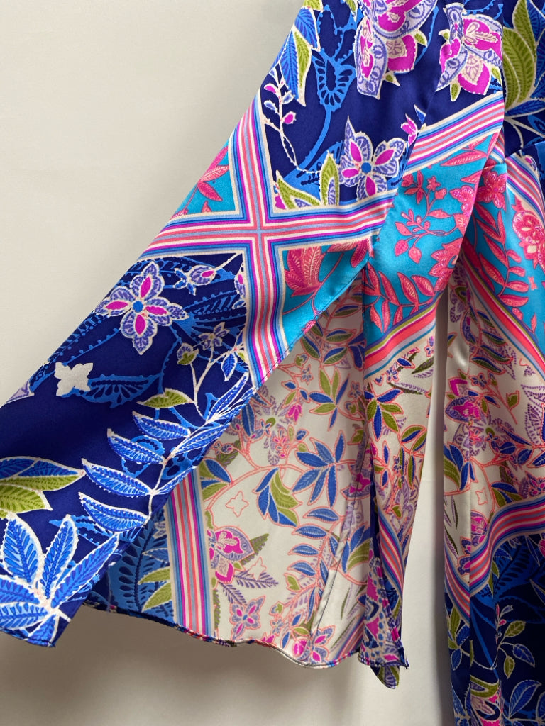 Size S Royal Blue/Green Fuchsia/Multi Acanthus Bell Sleeves Silk Ladies Dress