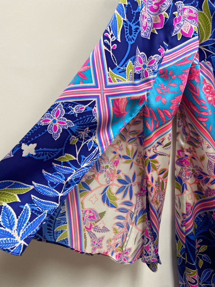 Size S Royal Blue/Green Fuchsia/Multi Acanthus Bell Sleeves Silk Ladies Dress