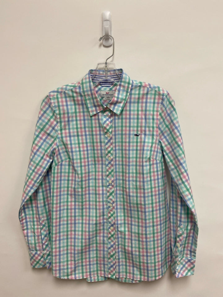 Vineyard Vines Size 4 White Blue/Pink Checkered Button Up Ladies Top
