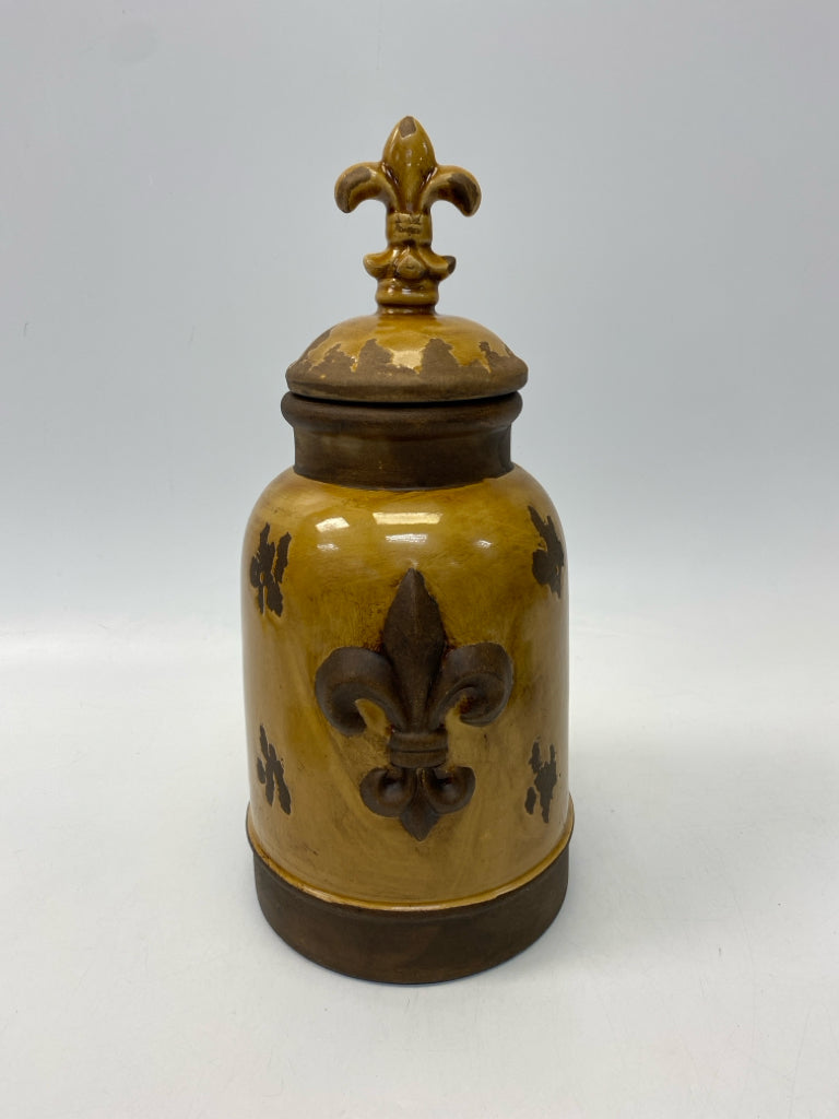Gold Brown Fleur de lis Ceramic Jar