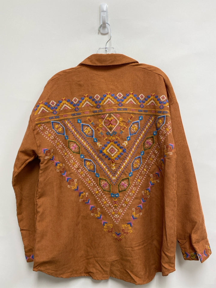 Umgee Size S Brown Blue/Yellow Button Down Embroidered Ladies Top